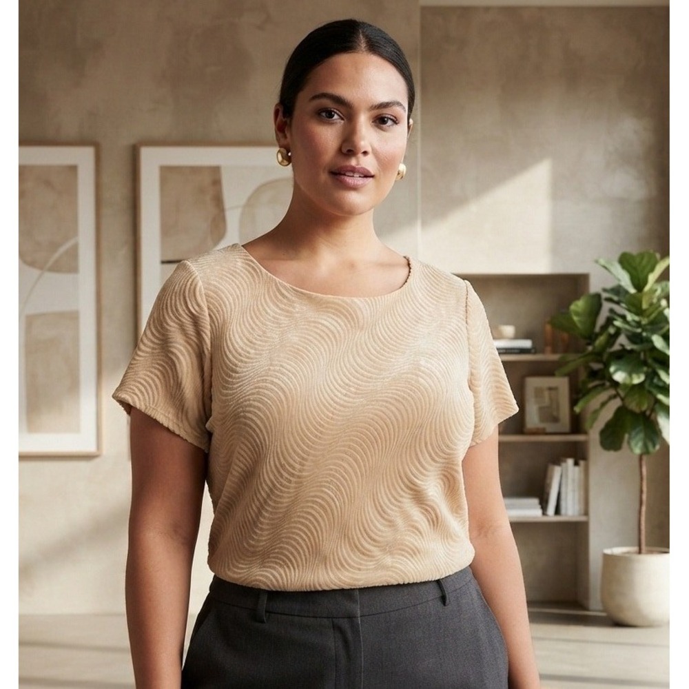 Talbots Wave Burnout Velvet Silk Short Sleeve Blouse Womens 18 Beige Rayon Basic